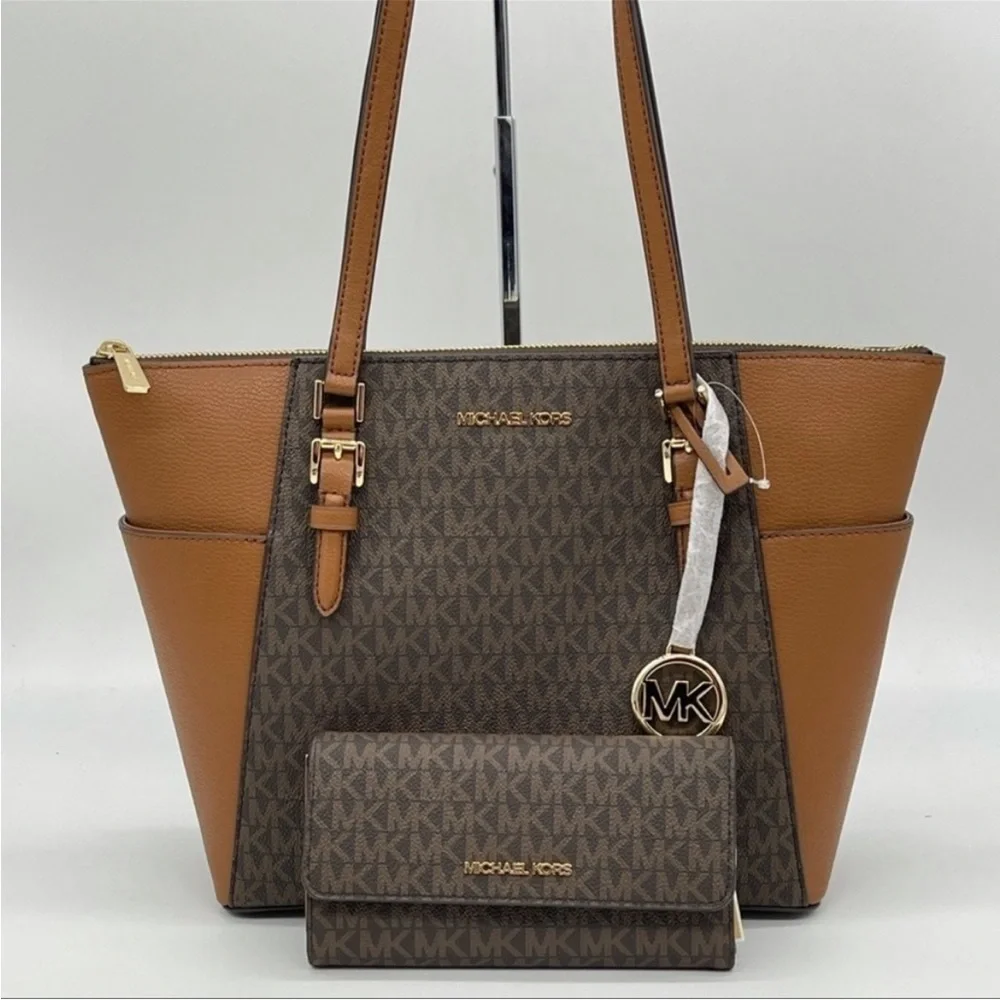 Michael Kors Large Charlotte Tote Bag & Trifold Wallet Leather Brown - Picture 2 of 12